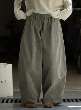 ManMans绿色灯芯绒拼接弯刀休闲裤春季新款日系时髦宽松长裤女