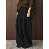 冬季 新款 韩版 黑色毛呢褶皱羊毛西裤 复古时髦宽松显瘦保暖长裤 女