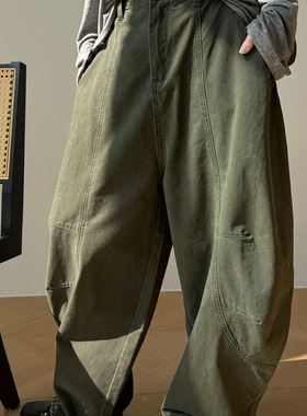 军绿色弯刀工装牛仔裤女春季新款美式复古酷飒风休闲宽松廓形长裤