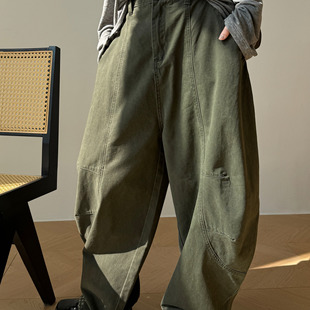 牛仔裤 复古酷飒风休闲宽松廓形长裤 女春季 美式 新款 军绿色弯刀工装