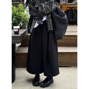 黑色松紧腰休闲八分阔腿裤女秋冬新款韩系加厚宽松显瘦毛呢裤子