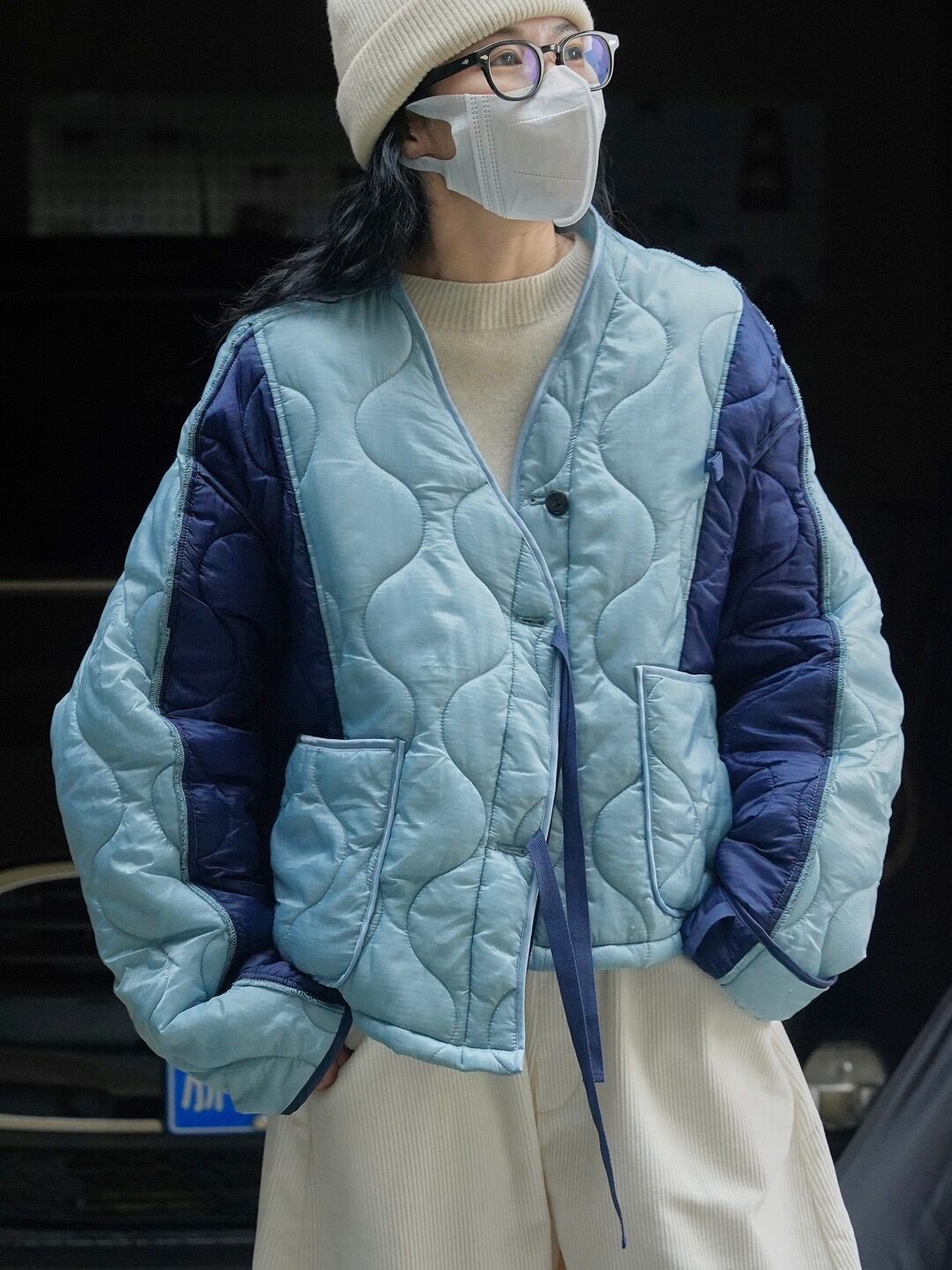 蓝色日系街头风菱格棉服