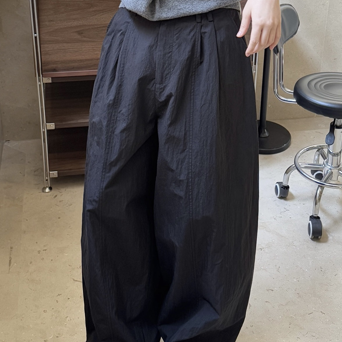 ManMans黑色肌理立体弧形休闲裤早秋新款日系高个子加长裤子女