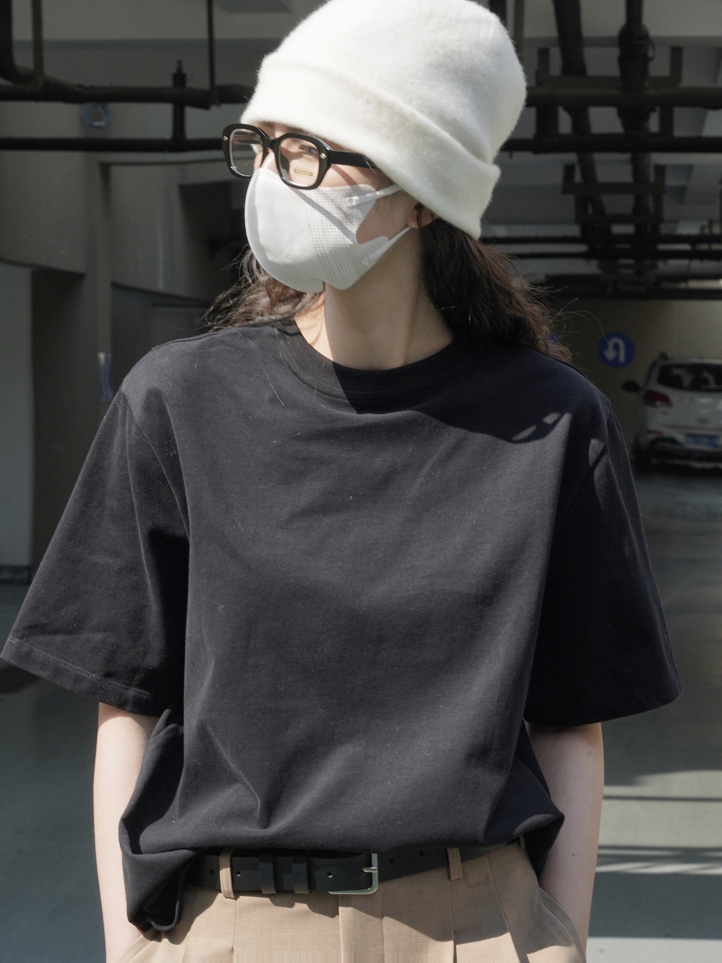 黑色日系复古正肩短袖t恤女夏季新款宽松显瘦纯棉圆领重工上衣