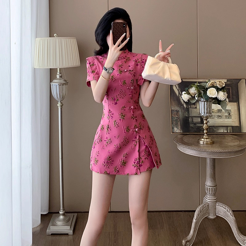 夏季时尚新中式国风短裤套装女气质盘扣改良刺绣修身旗袍裙两件套