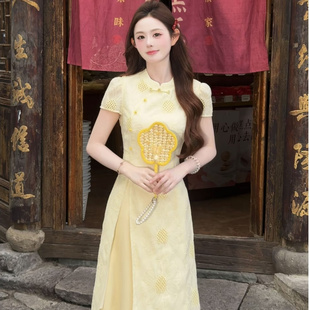 测开叉镂空旗袍 新中式 半身裙 向日葵