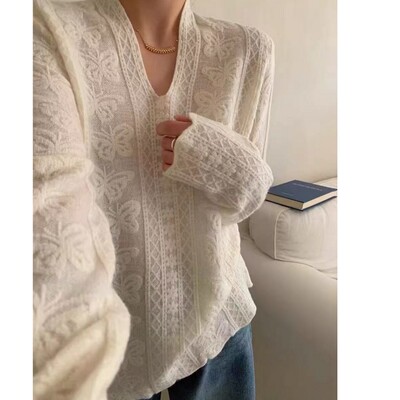 【蝴蝶钩花】蕾丝软打底羊毛混纺春秋季两穿百搭针织套头打底衫