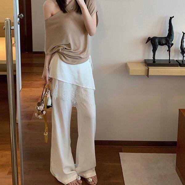 蕾丝拼接法式宽松显瘦长裤