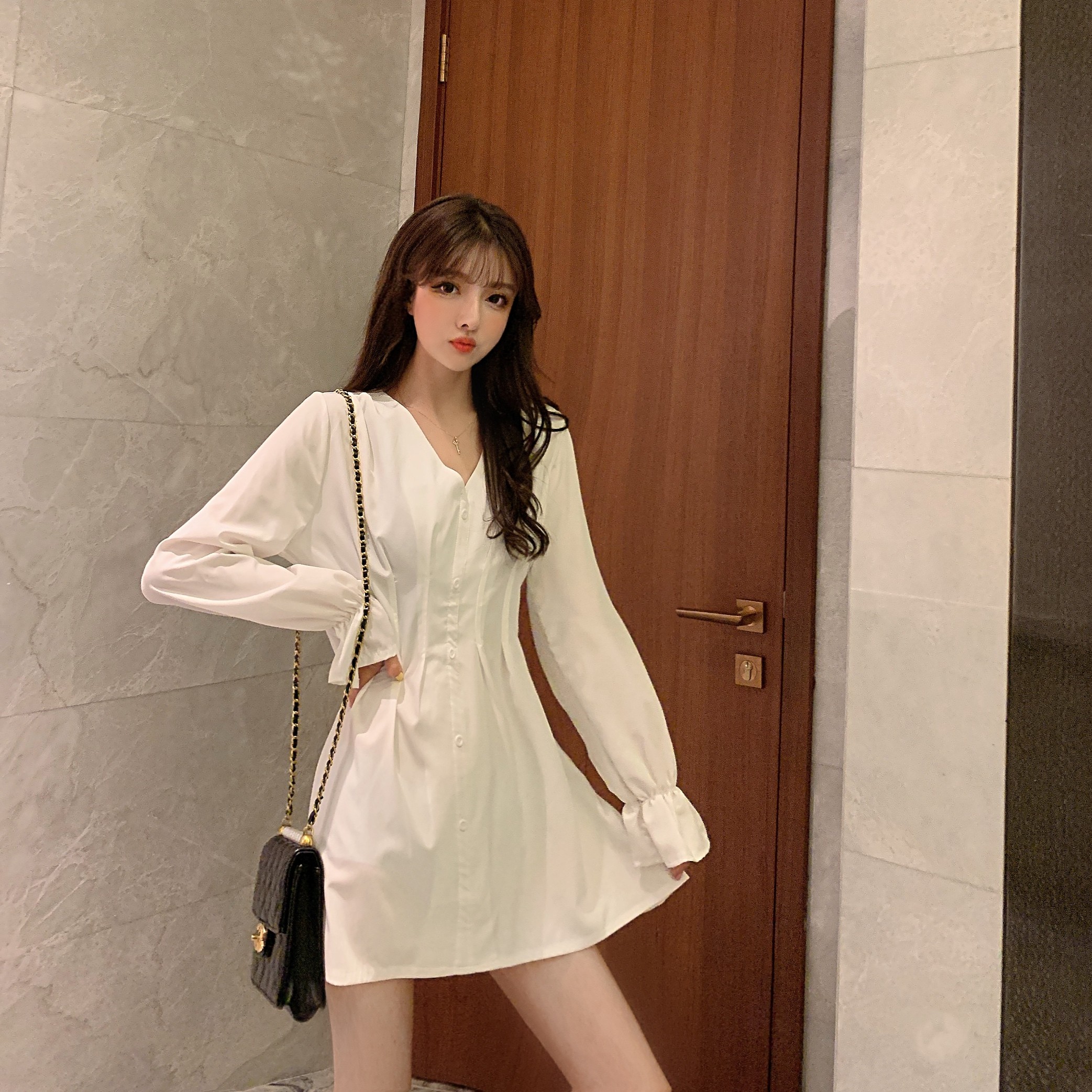连衣裙2025新款春装女长袖ins风中长款白色衬衫裙收腰显瘦气质秋