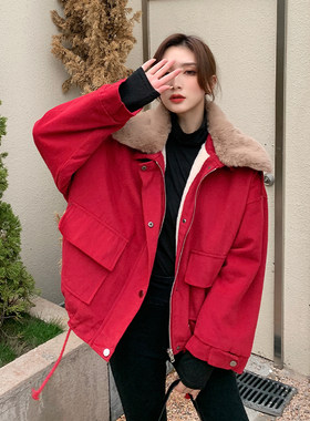 红色外套加厚加绒冬派克服短外套女2025秋冬韩版宽松百搭棉衣棉服