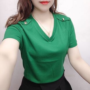 欧货短袖t恤夏季女装新款锁骨显瘦小衫体恤打底正肩V领设计感上衣