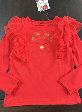 98-116女童春秋款长袖T恤打底红色红色蕾丝圆领上衣外贸单手感软