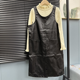 外贸原单童装女童中大童pu皮背心连衣裙大口袋设计直筒简约时尚潮