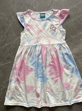 1-12Y外单女童拉架弹力棉小飞袖连衣裙 小马印花扎染风小清新短裙