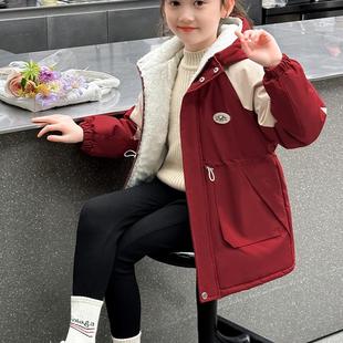 女童加绒风衣棉服2025秋冬洋气中长款加厚派克服中大儿童棉衣外套