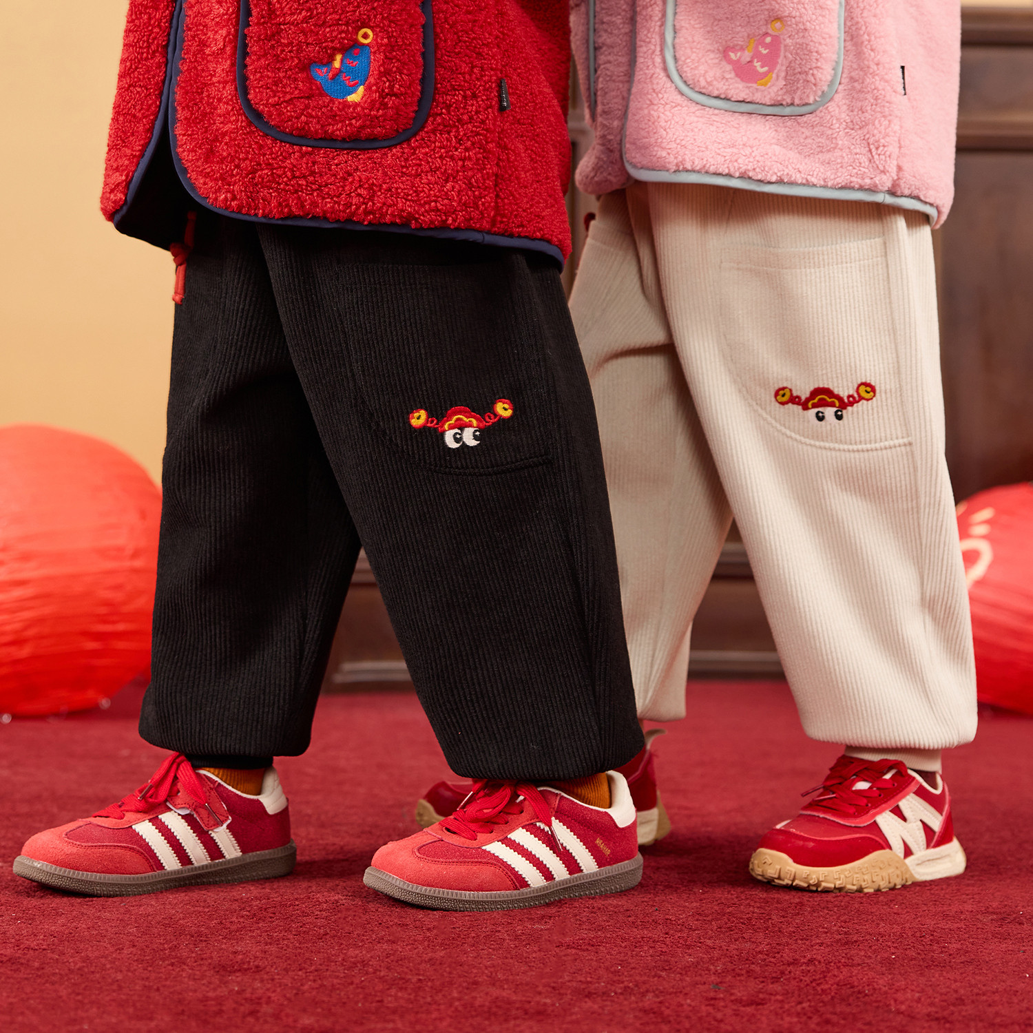 嘟嘟家儿童裤子宝宝冬季长裤男童女童加绒加厚拜年服婴儿国风衣服