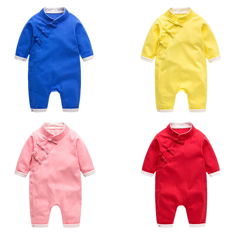 嬰兒秋裝新年女滿月寶寶連體衣男純棉外出哈衣爬服新生兒衣服春秋
