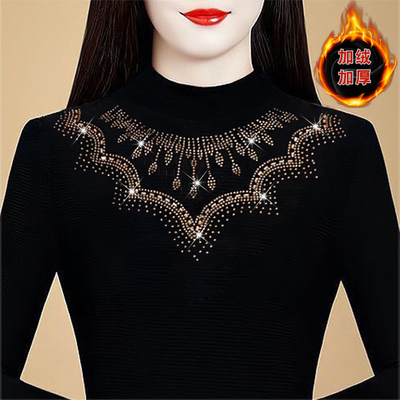 蕾丝女秋冬新款高档洋气烫钻打底衫加绒加厚显瘦内搭气质百搭上衣