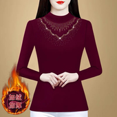 烫钻蕾丝上衣长袖 妈妈修身 女内搭秋冬新款 安哥拉红加绒加厚打底衫