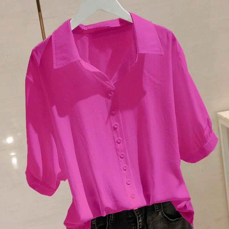 棉麻大码女装短袖Polo领衬衫女夏季新款洋气时尚时髦减龄T恤上衣