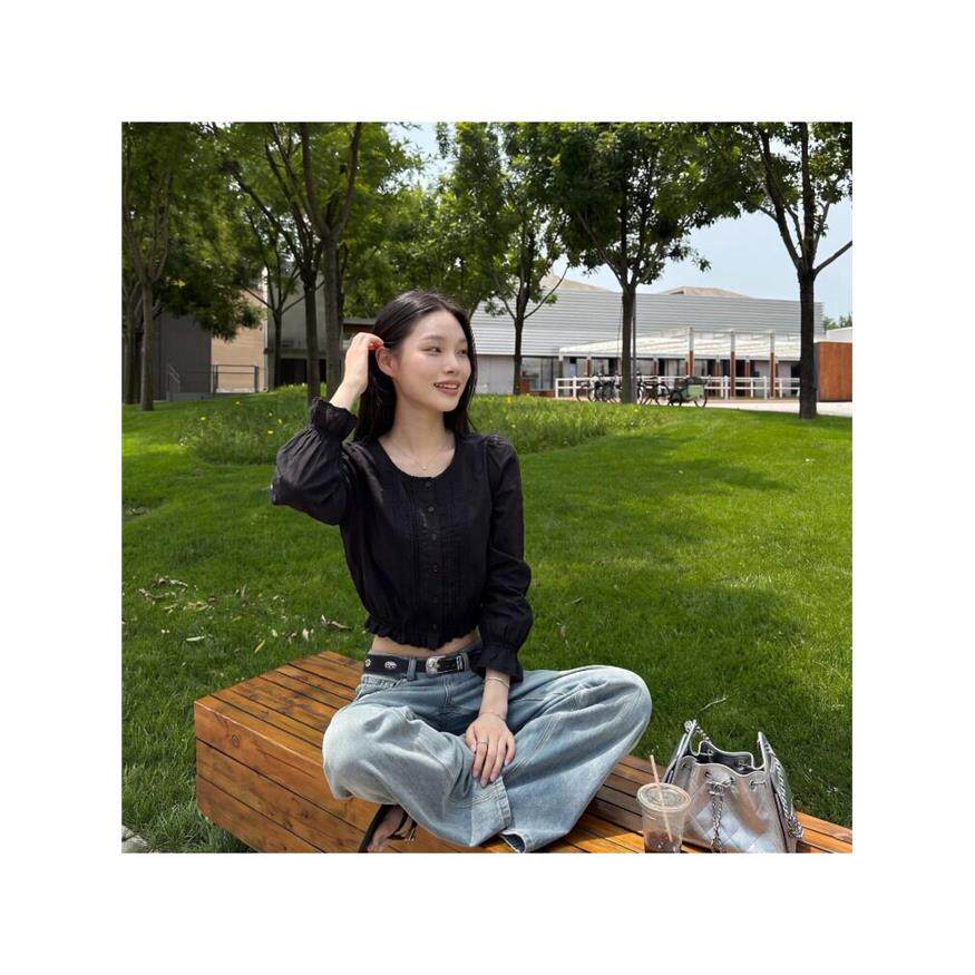 法式黑色蕾丝花边领短款衬衫收腰小衫早秋季轻甜百搭长袖衬衣上衣