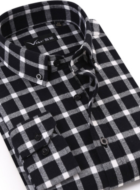 var高端春秋新款纯棉磨毛法兰绒衬衫格子长袖中年黑白格纹佤诺