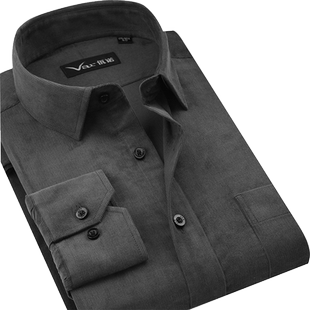 var高级感男式长袖纯棉灯芯绒衬衣商务休闲烟灰色保暖打底衫