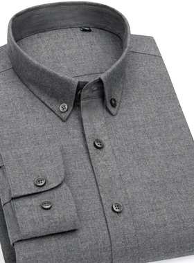 var高端男士秋冬纯棉磨毛长袖衬衫麻灰纯色中年休闲厚款法兰绒