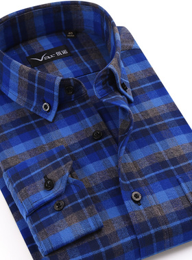 var春秋新款纯棉格子男厚长袖磨毛法兰绒衬衫中年爸爸装寸衣佤诺