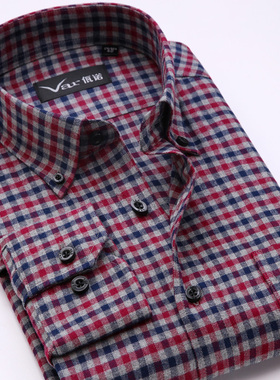 var高端春秋纯棉法兰绒中年男士长袖衬衫打底磨毛格子式休闲寸衣