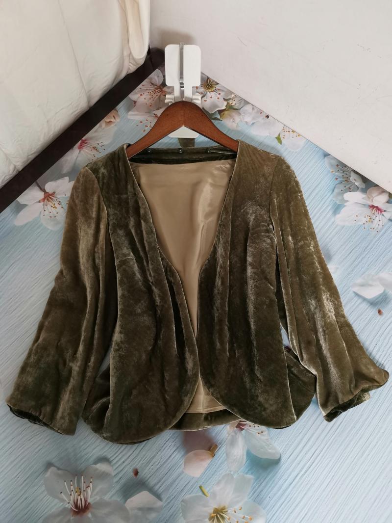 复古渐变色真丝丝绒光泽感纯色通勤西装开衫半身裙套装长袖外套