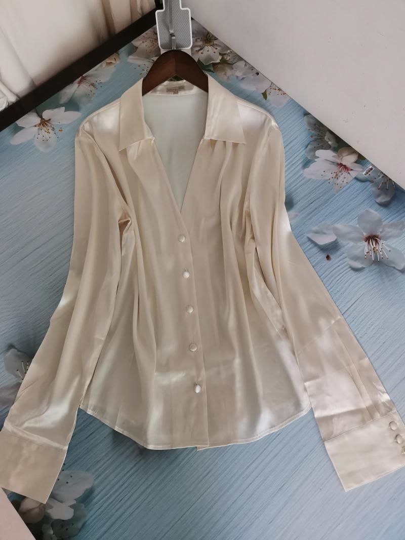 秋装新款高端真丝女装修身长袖衬衫女式纯色衬衣桑蚕丝知性白上衣