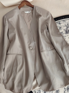 外D真丝桑蚕丝春秋V领通勤纯色长袖宽松一粒扣扣西装西服风衣外套