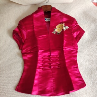 竹*刺绣花朵真丝桑蚕丝软缎中式盘扣短袖修身上衣国风缎上衣唐装