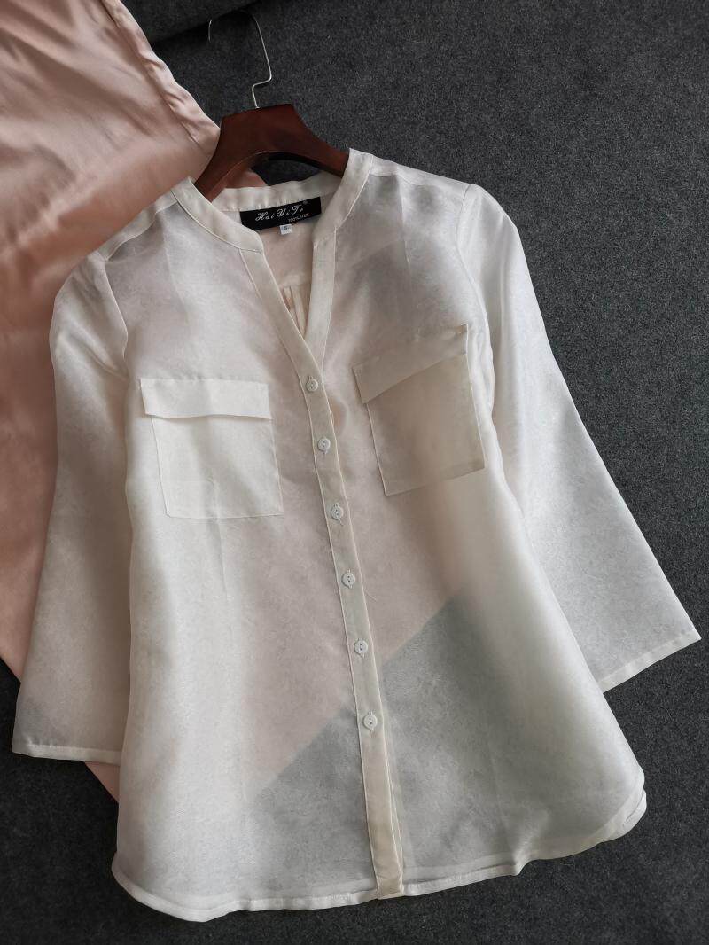 春夏高端真丝和服绸立领七分袖桑蚕丝衬衣上衣外搭短风衣防晒衣