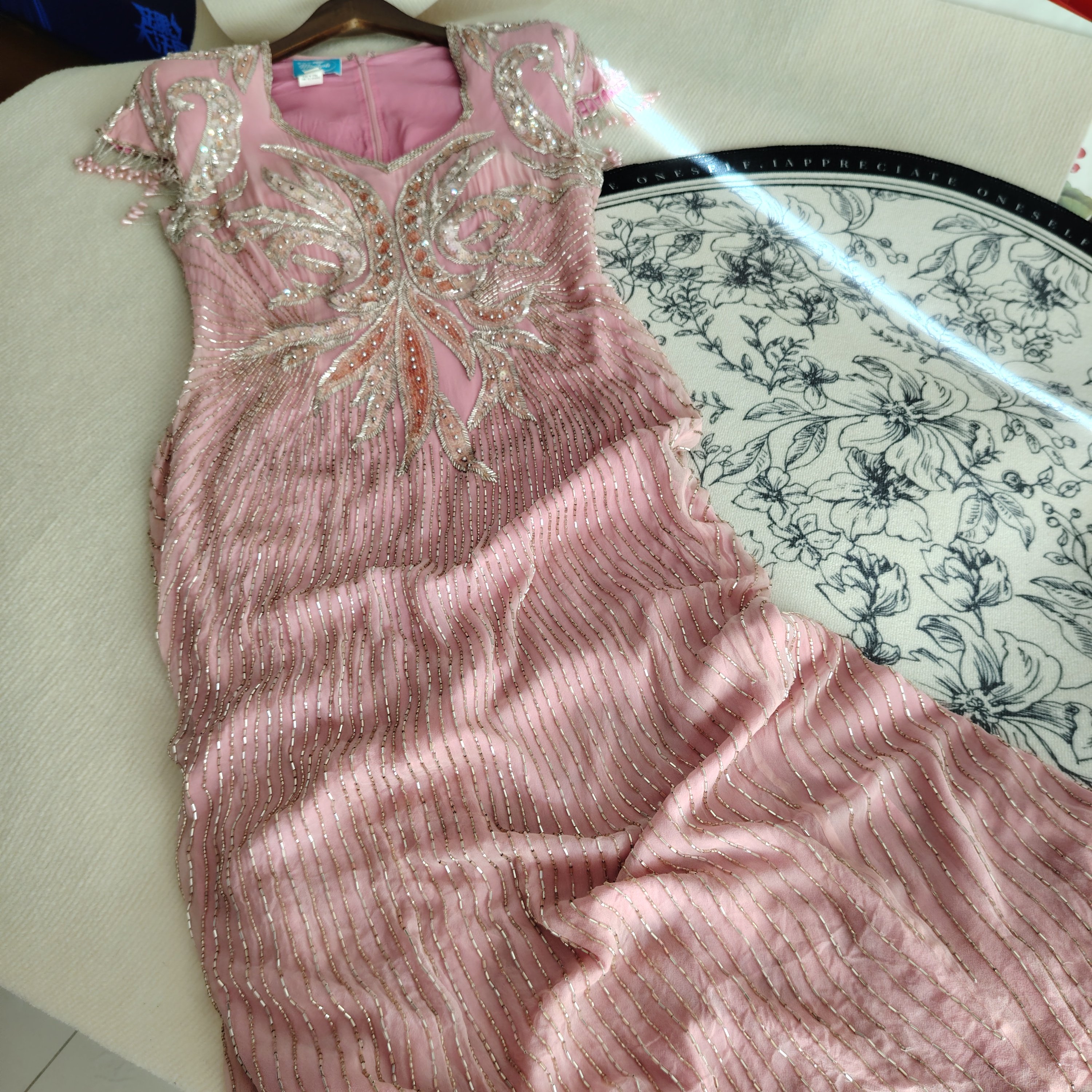 奢华纯色高端真丝礼服纱重工钉珠流苏短袖修身聚会宴会礼服裙