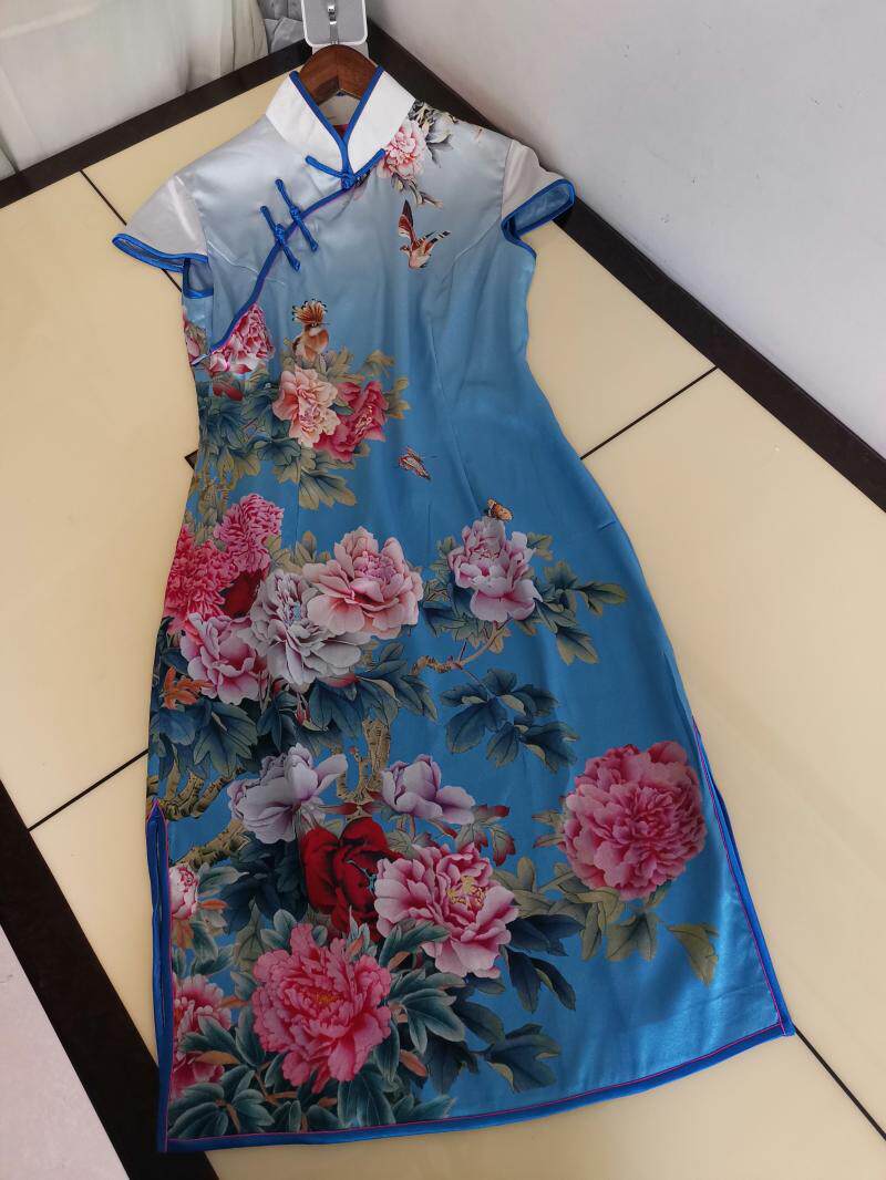 丝博精品里外真丝唐装修身民族风服装高档中式立领女装斜襟旗袍
