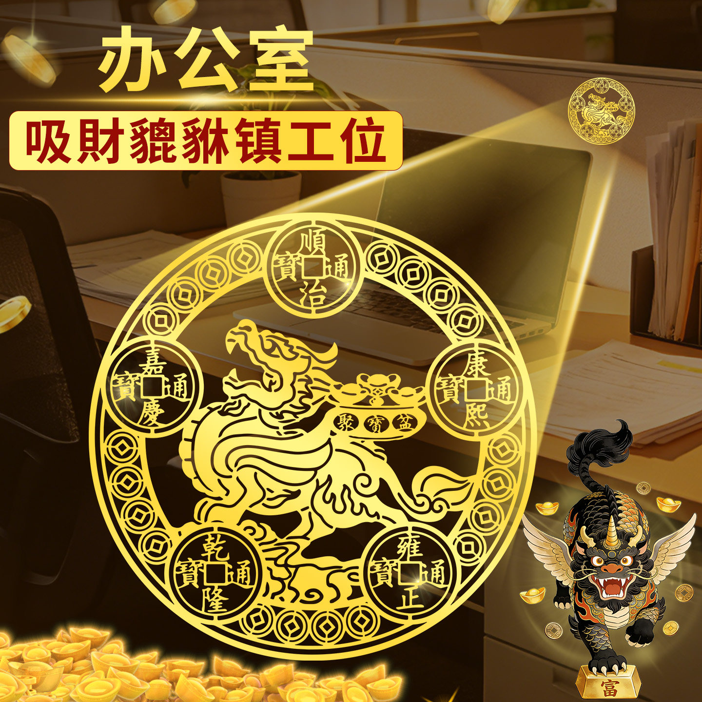 貔貅贴纸办公室玄好运学工位桌面装饰招财小摆件摇钱树金属贴神器