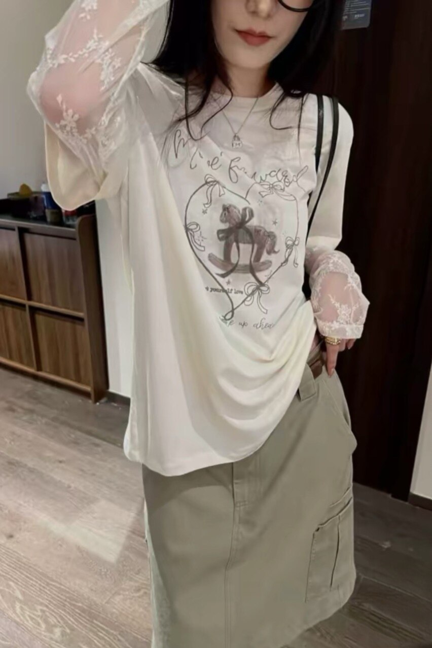 长袖拼接蕾丝袖防晒T恤罩衫女圆领卡通木马日韩代简约风少女风
