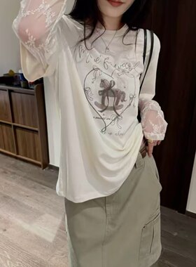 长袖拼接蕾丝袖防晒T恤罩衫女圆领卡通木马日韩代简约风少女风