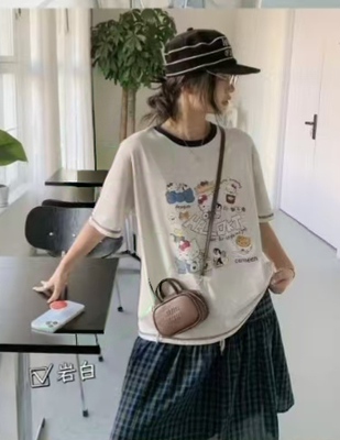短袖T恤女夏宽松百搭多巴胺可爱hellokitty重工贴布刺绣撞色韩系