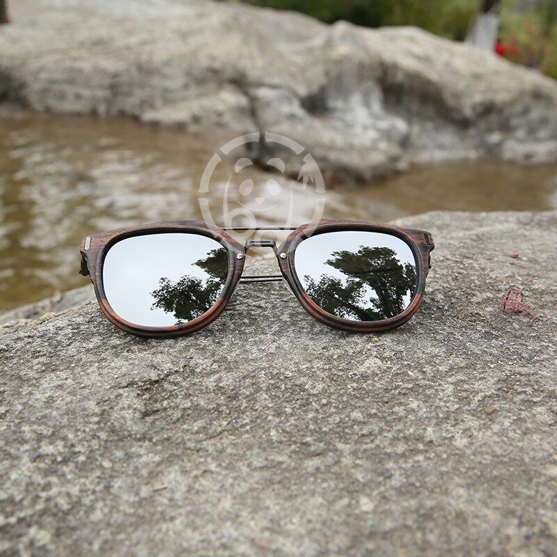 圆形大框偏光墨镜哑枪灰色金属框架双鼻梁黑檀木框太阳眼镜