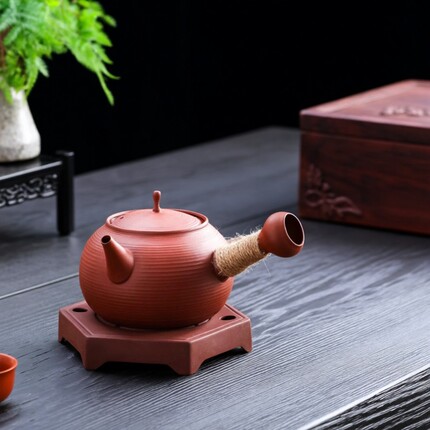 潮汕手拉朱泥砂铫壶薄胎红泥炭炉烧水壶煮茶陶壶功夫茶具茶壶套装