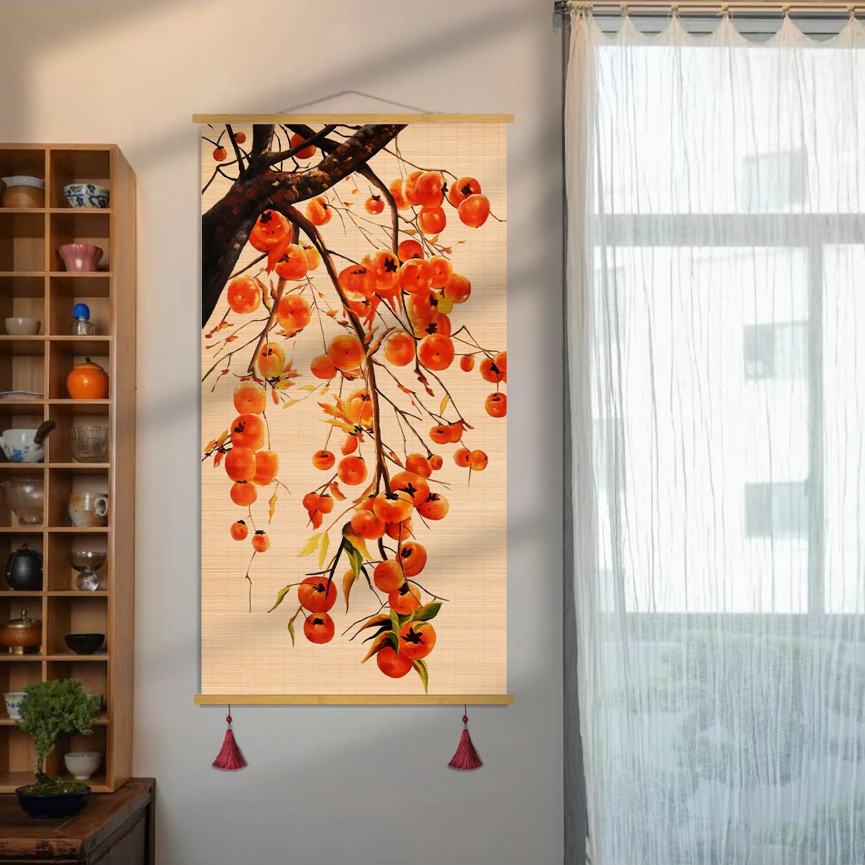 柿柿如意玄关竹编挂画客厅书房卧室竹帘片卷轴挂画走廊茶室竹画图片