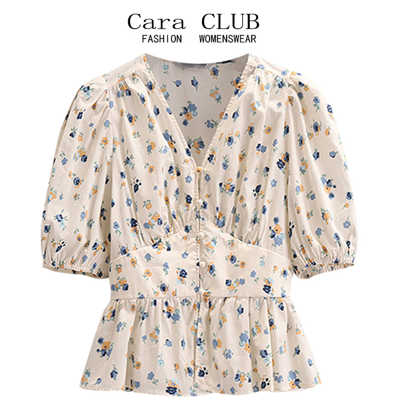 CARA CLUB 여성용 대형 프렌치 V 넥 퍼프 슬리브 셔츠 여름 기질 쉬폰 꽃 무늬 짧은 슬림 탑