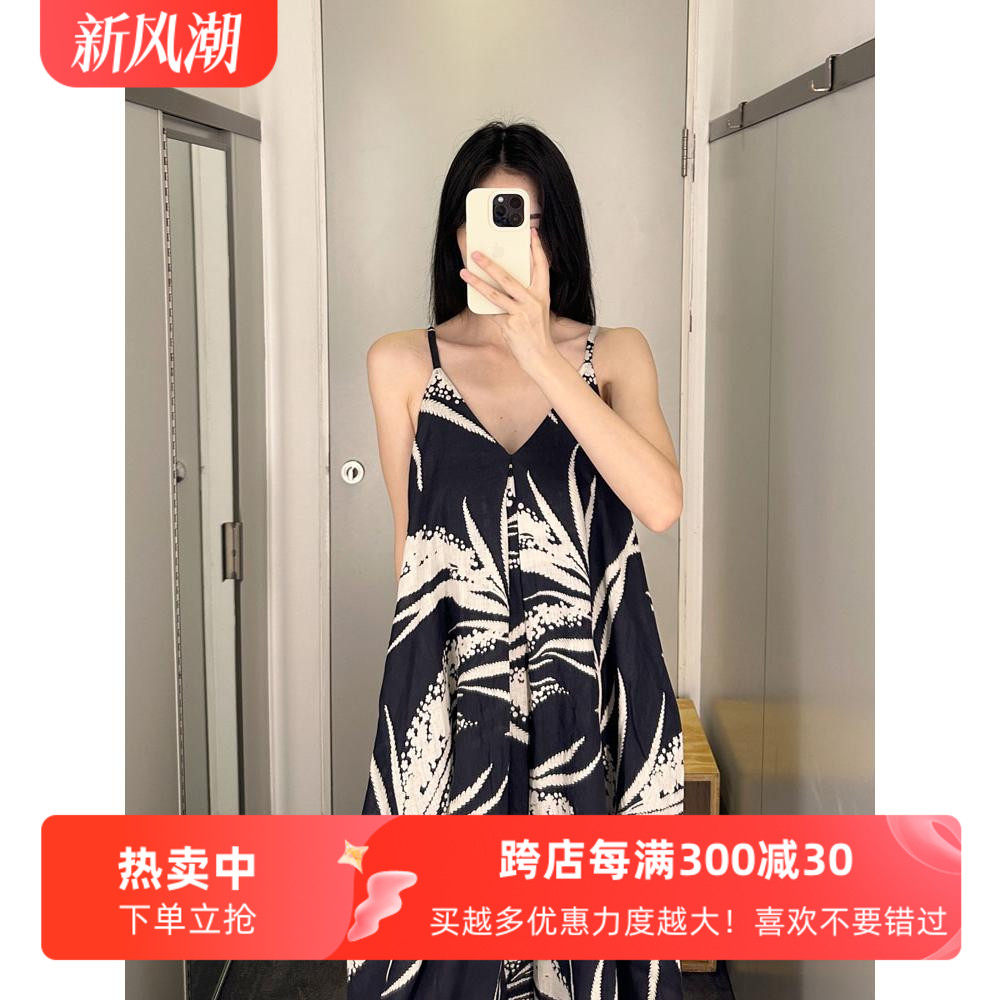 通勤A字亚麻印花V领吊带连衣裙