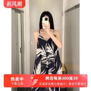 通勤A字亚麻印花V领吊带连衣裙