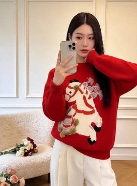 红色圆领小马提花毛衣女穿搭2026新款冬季慵懒高级感针织衫上衣
