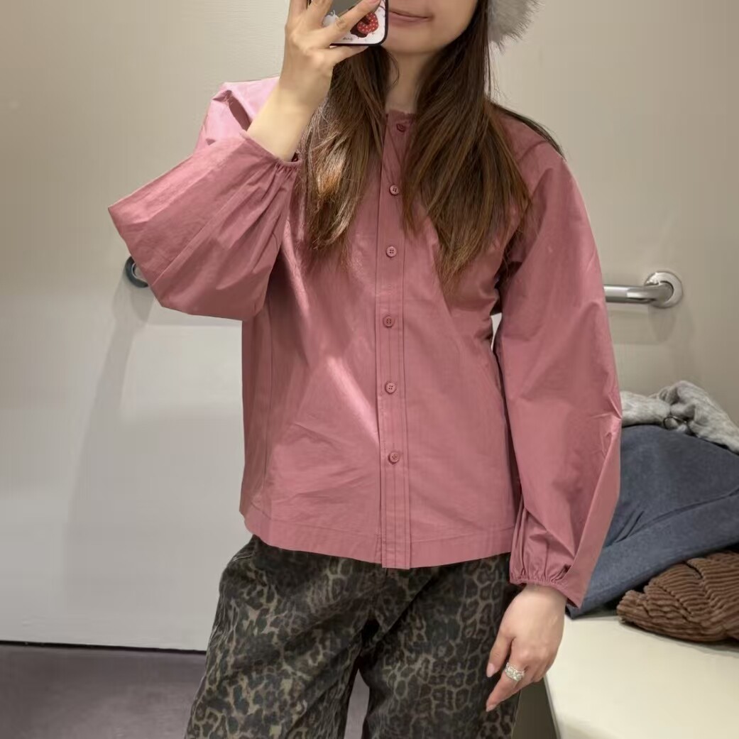 极简通勤韩版棉质圆领长袖衬衫女