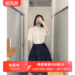 衬衫 领落肩缩褶24夏季 极简cos风白色泡泡袖 纯棉纽扣西装 新品 女装